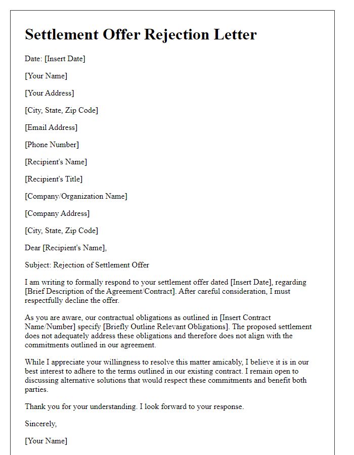 Letter template of settlement offer rejection based on contractual obligations.