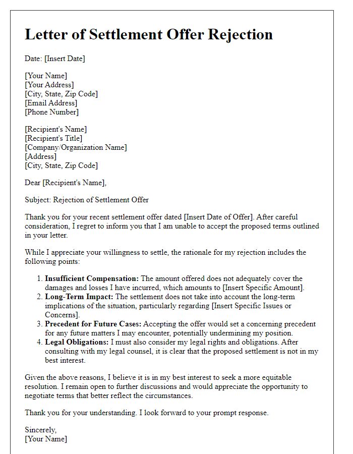 Letter template of settlement offer rejection with detailed rationale.