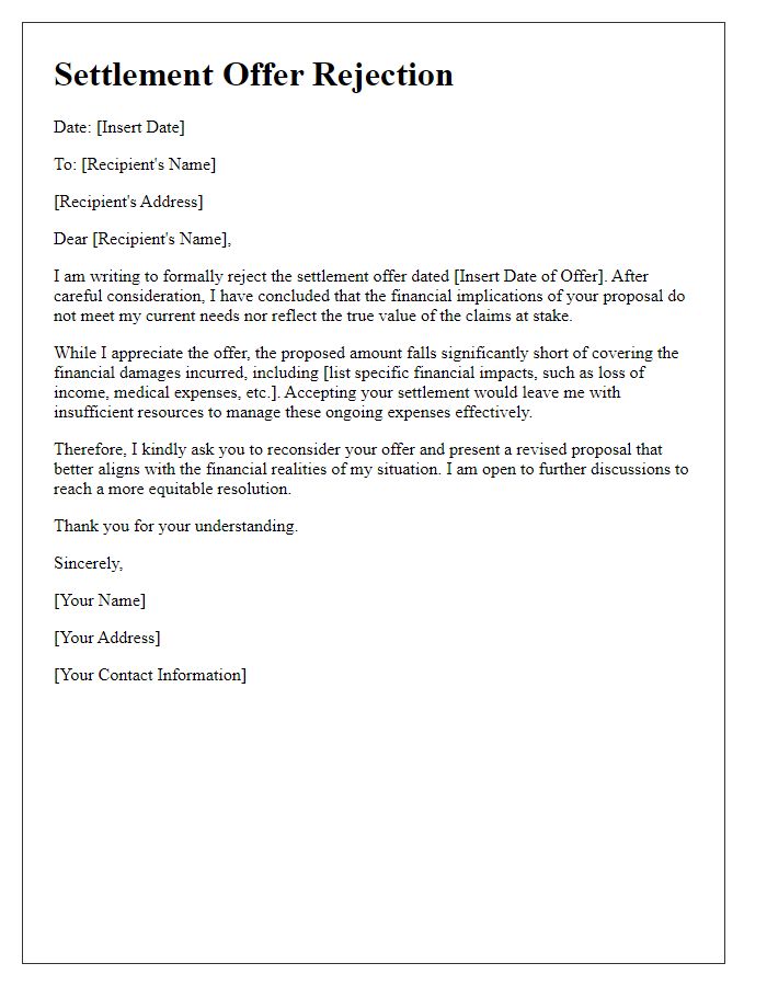 Letter template of settlement offer rejection focused on financial implications.