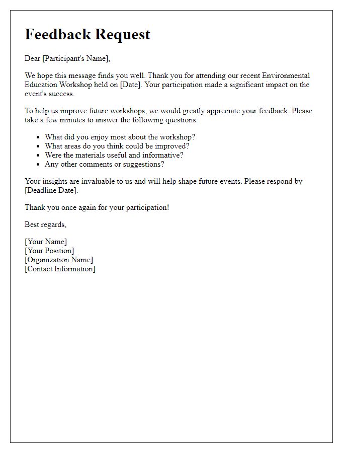 Letter template of feedback request for environmental education workshop