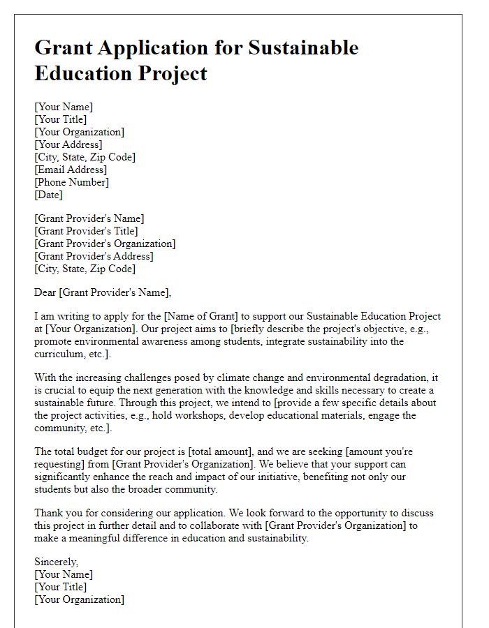 Letter template of grant application for sustainable education project