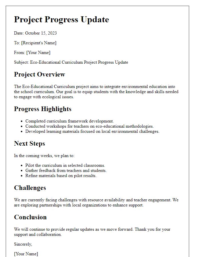 Letter template of project progress update for eco-educational curriculum