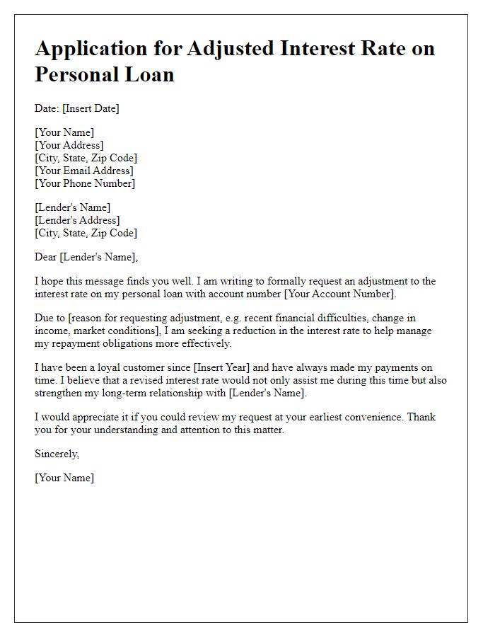 Letter template of application for adjusted interest rate on personal loan