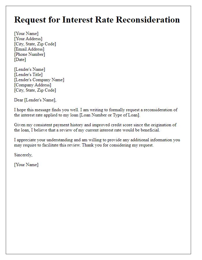 Letter template of correspondence for interest rate reconsideration