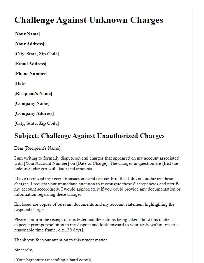 Letter template of challenge against unknown charges made to my account