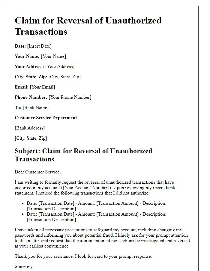 Letter template of claim for reversal of unauthorized transactions in my account