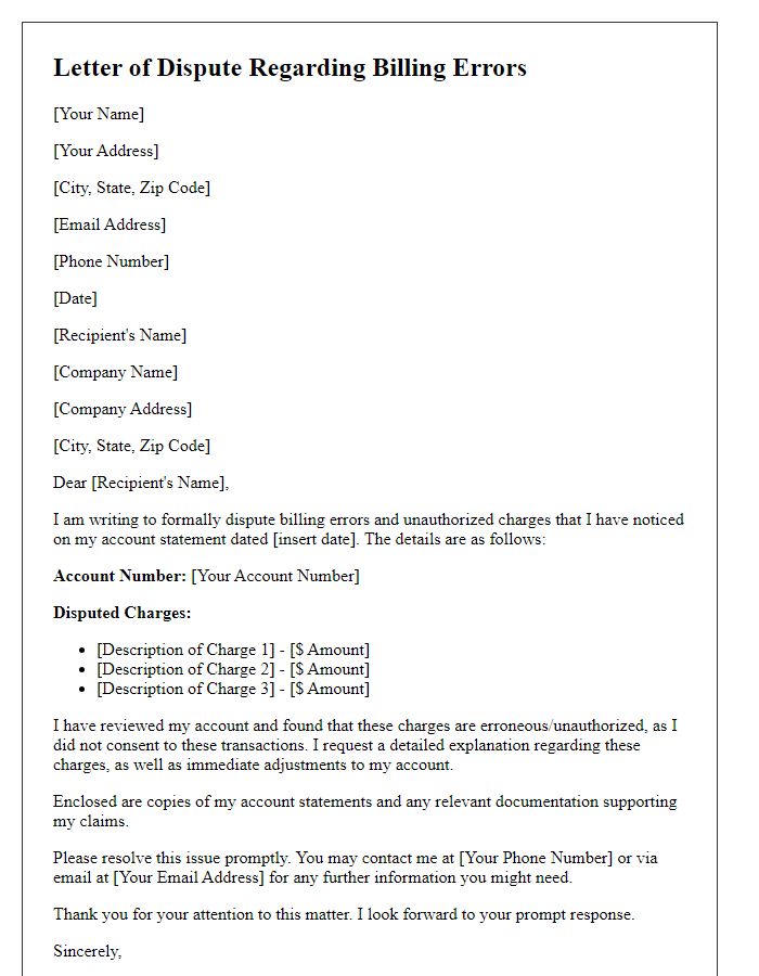 Letter template of formal dispute for billing errors and unauthorized charges