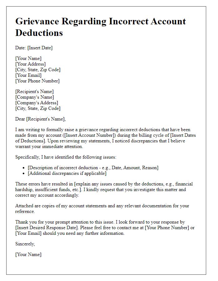 Letter template of grievance regarding incorrect account deductions