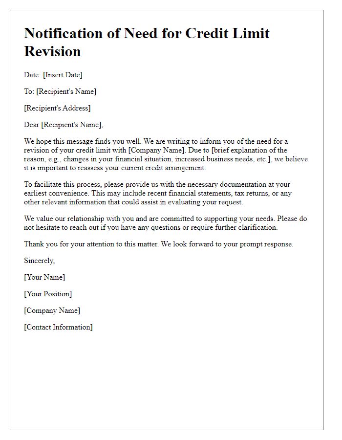 Letter template of notification of need for credit limit revision