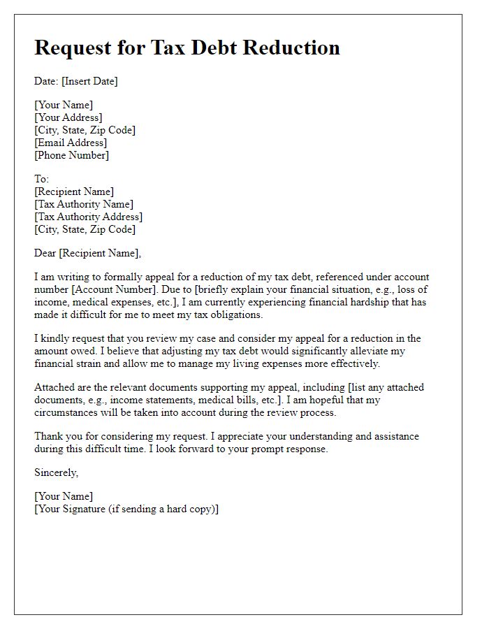 Letter template of appeal for tax debt reduction