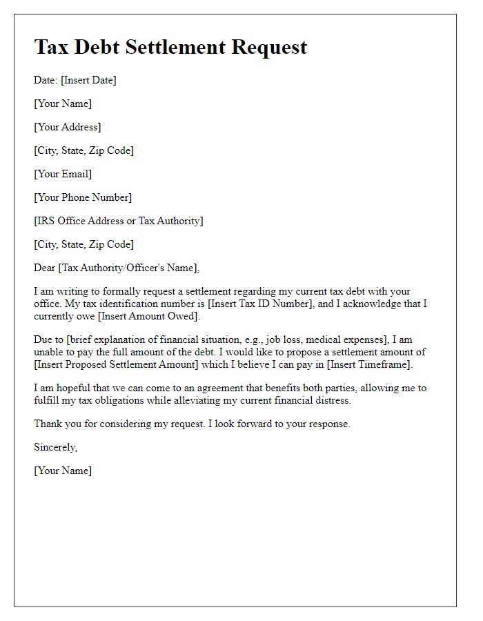 Letter template of tax debt settlement request