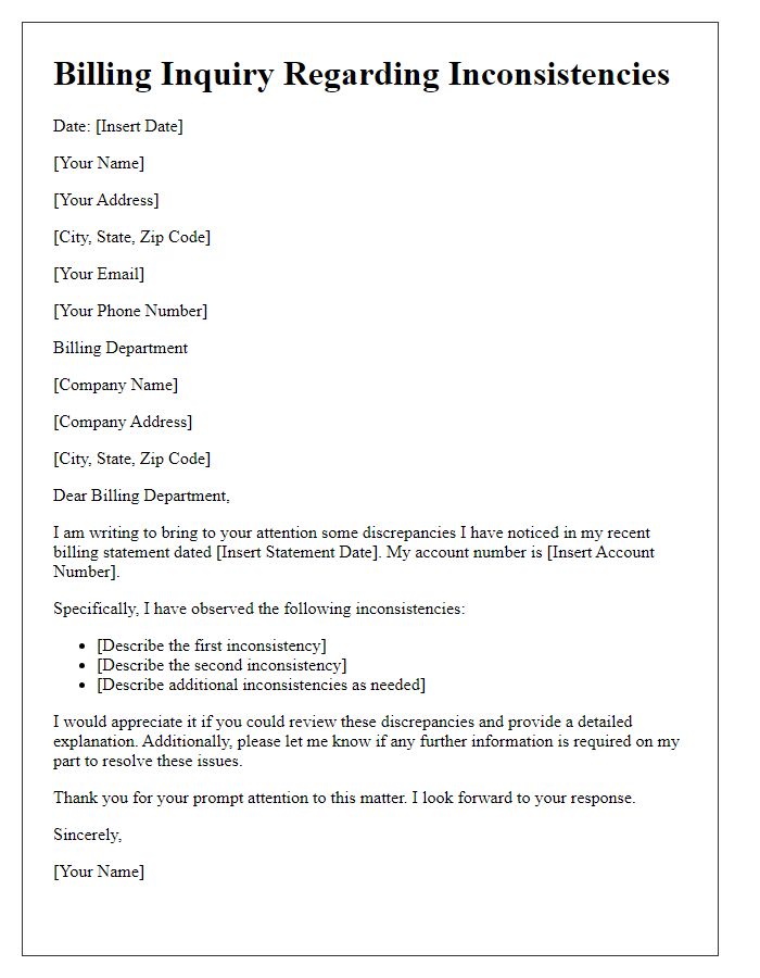 Letter template of addressing billing inconsistencies