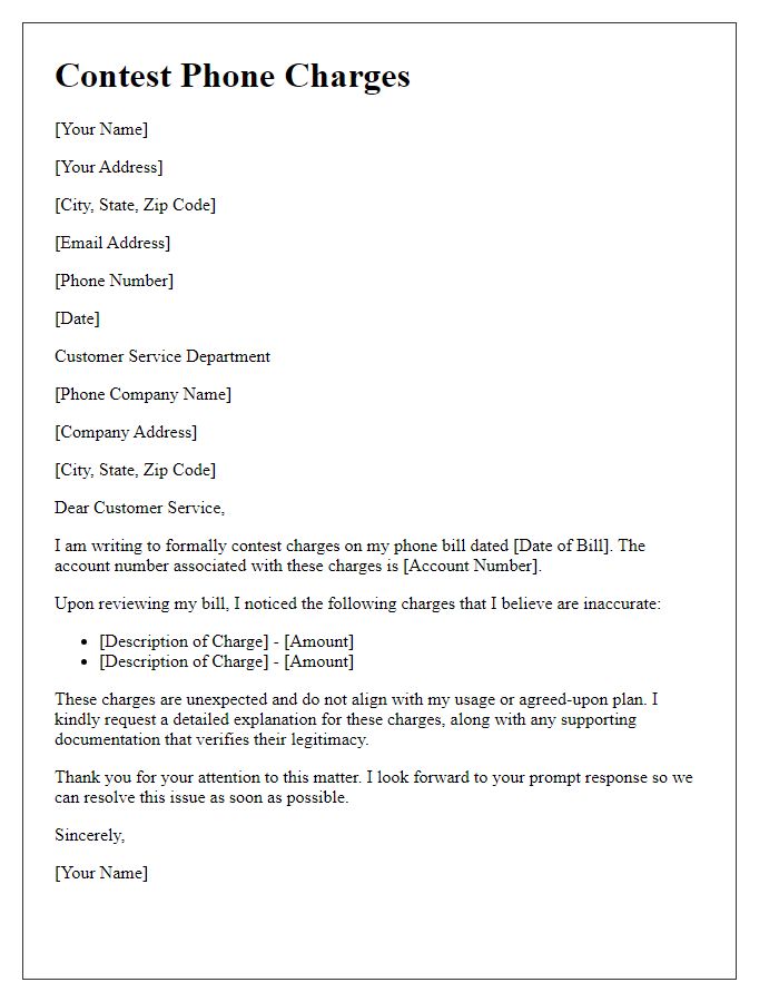 Letter template of contesting phone charges