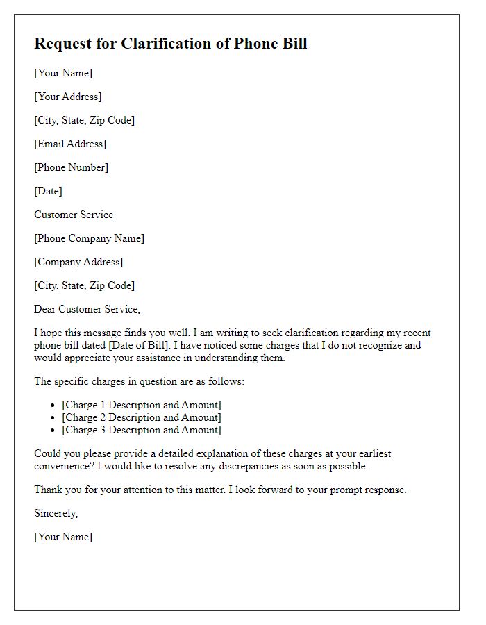 Letter template of requesting phone bill clarification