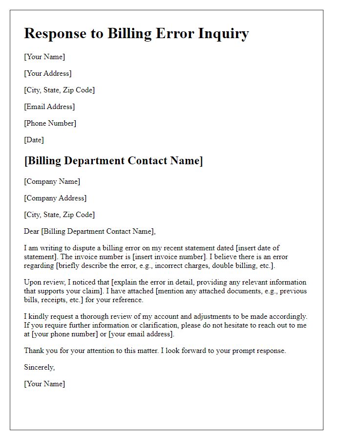 Letter template of responding to billing errors