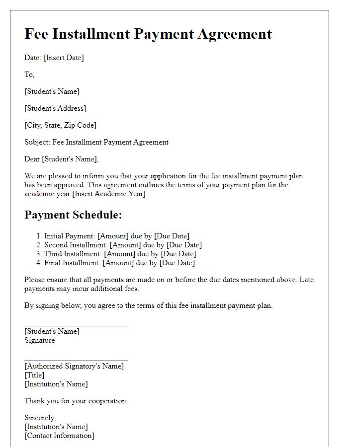 Letter template of fee installment payment agreement for students