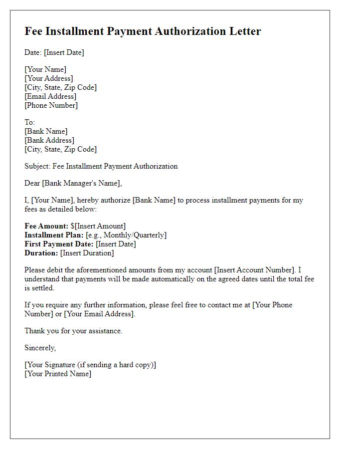 Letter template of fee installment payment authorization for bank transactions