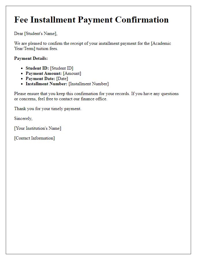 Letter template of fee installment payment confirmation for enrolled students