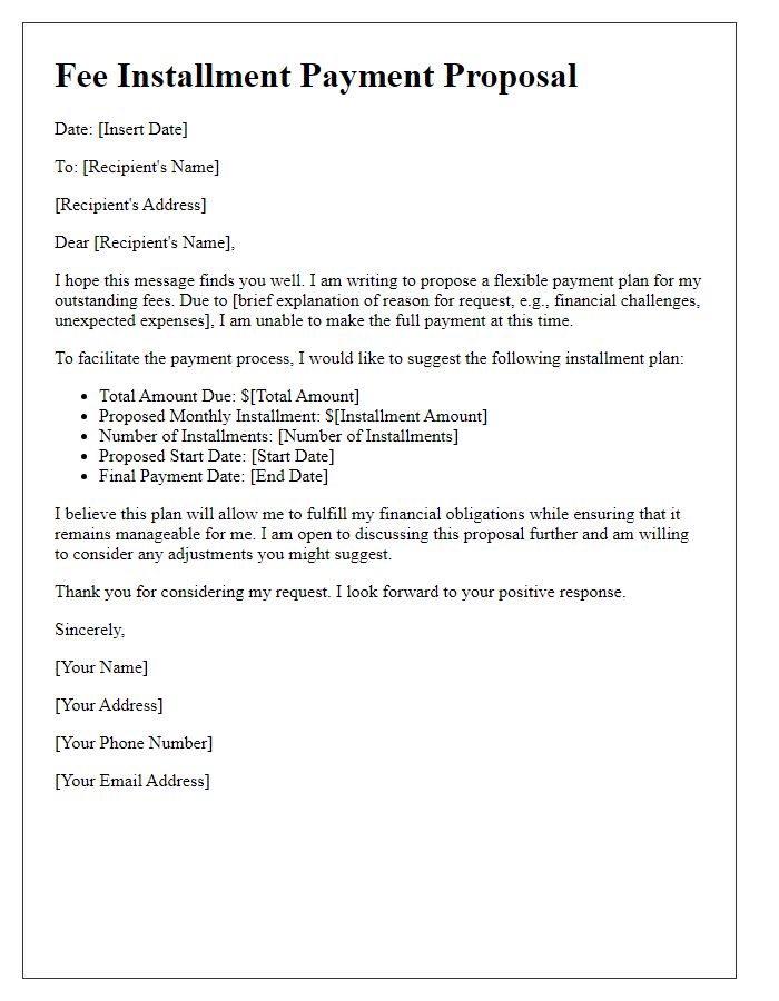 Letter template of fee installment payment proposal for flexible terms