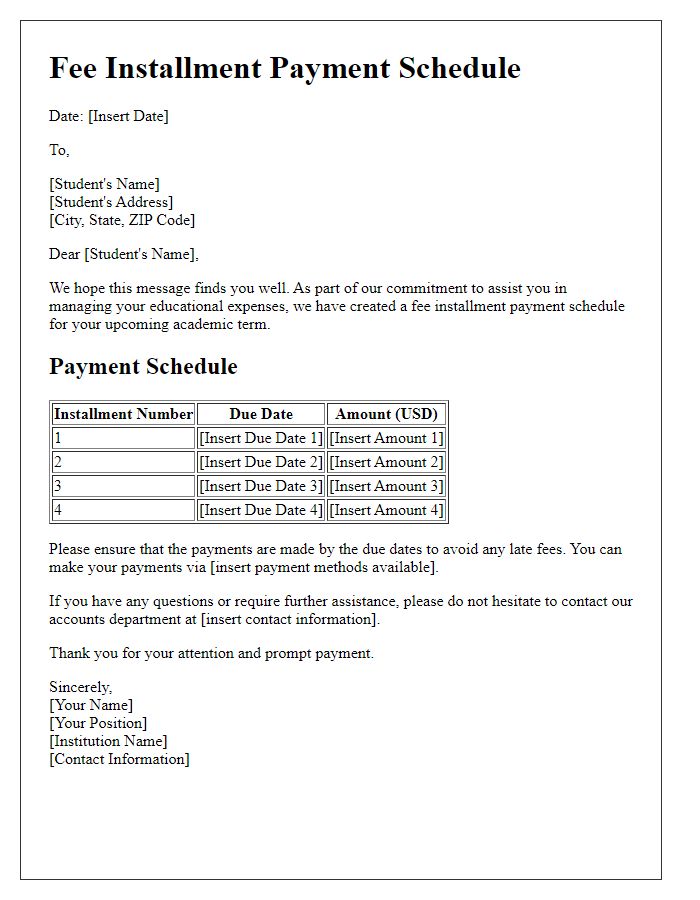 Letter template of fee installment payment schedule for educational institutions