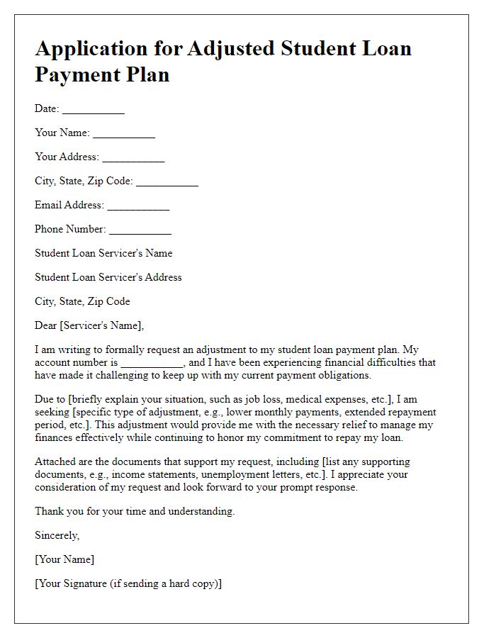 Letter template of application for adjusted student loan payment plan