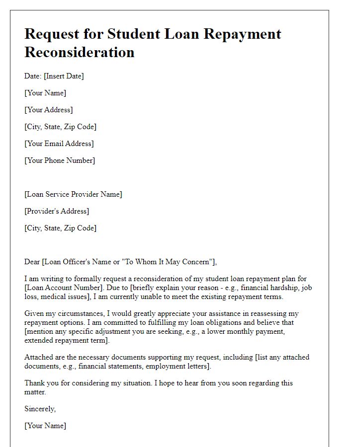 Letter template of formal request for student loan repayment reconsideration