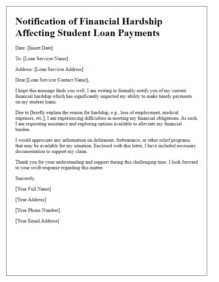 Letter template of notification for financial hardship affecting student loan payments