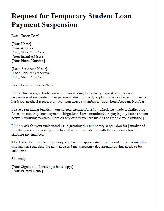 Letter template of statement for temporary student loan payment suspension