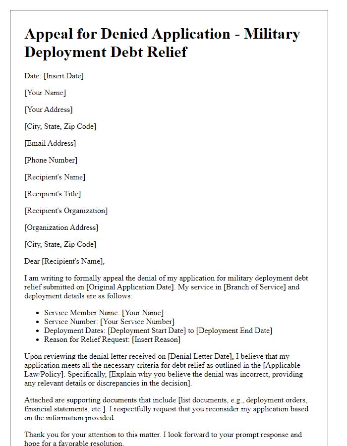 Letter template of military deployment debt relief appeal for denied applications.