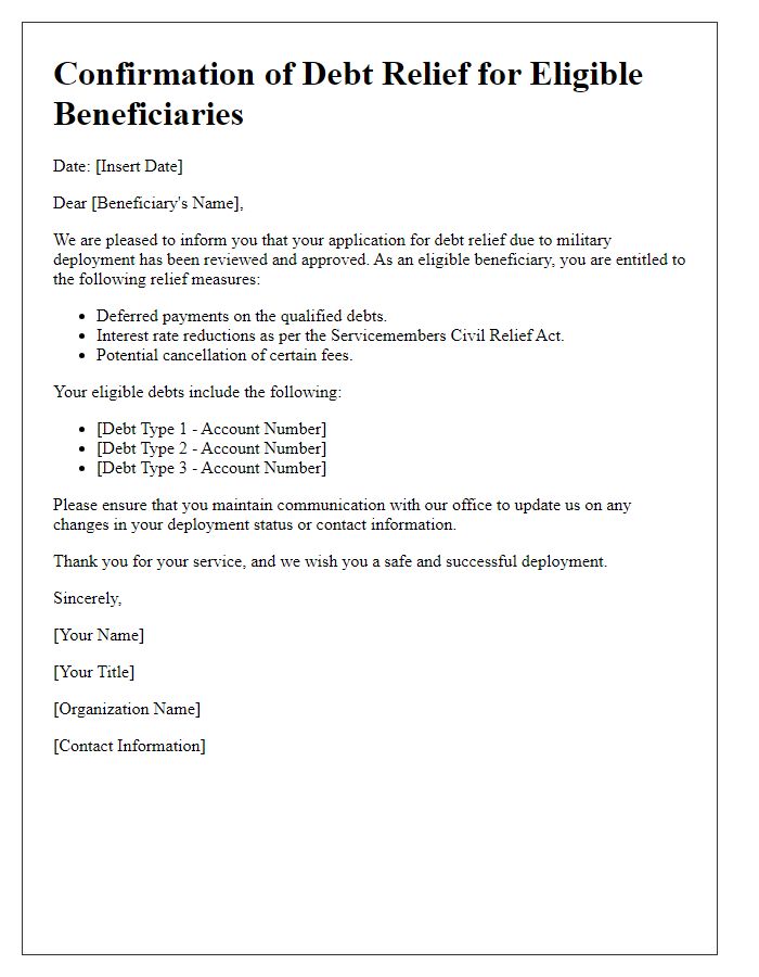 Letter template of military deployment debt relief confirmation for eligible beneficiaries.