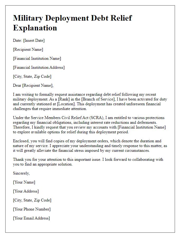 Letter template of military deployment debt relief explanation for financial institutions.