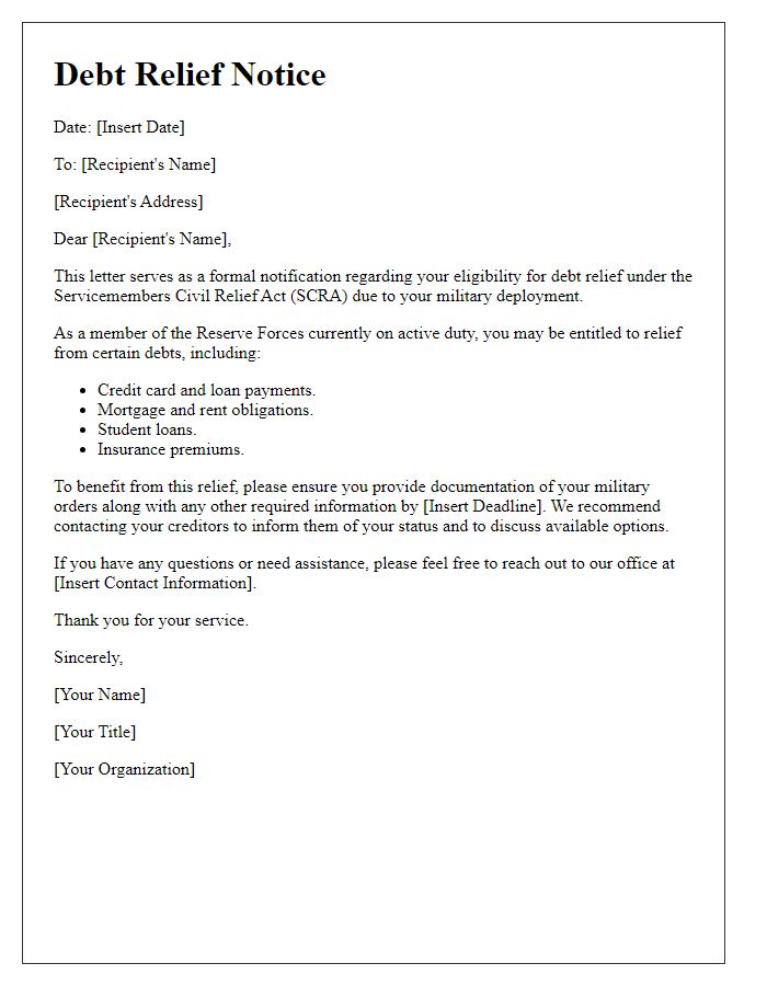 Letter template of military deployment debt relief notice for reserve forces personnel.