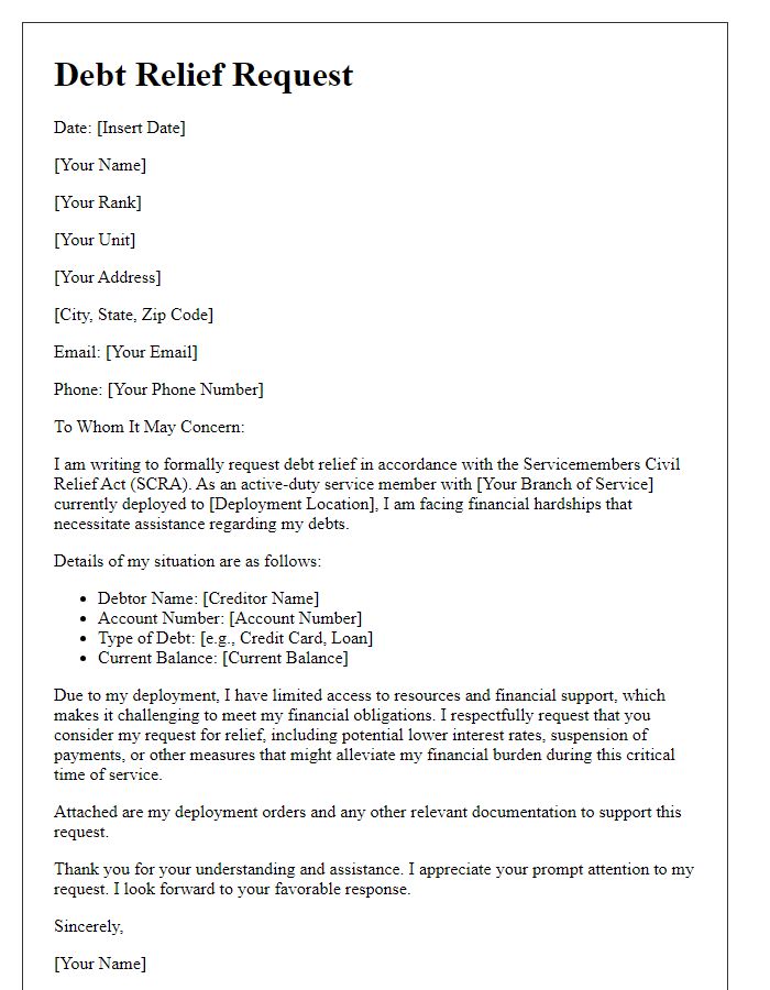 Letter template of military deployment debt relief request for active-duty service members.