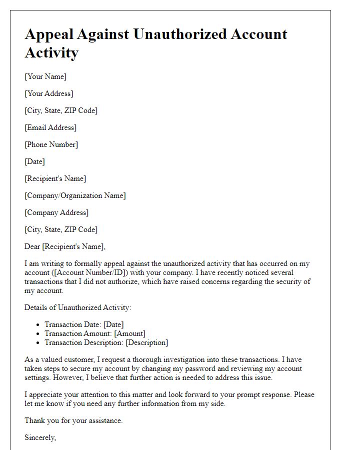 Letter template of appeal against unauthorized account activity