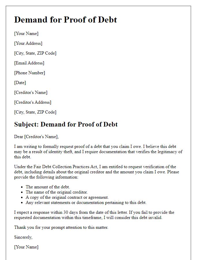 Letter template of demand for proof of debt from identity theft