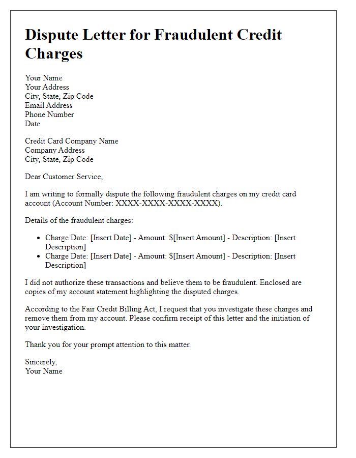 Letter template of dispute for fraudulent credit charges