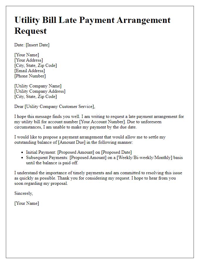 Letter template of utility bill late payment arrangement