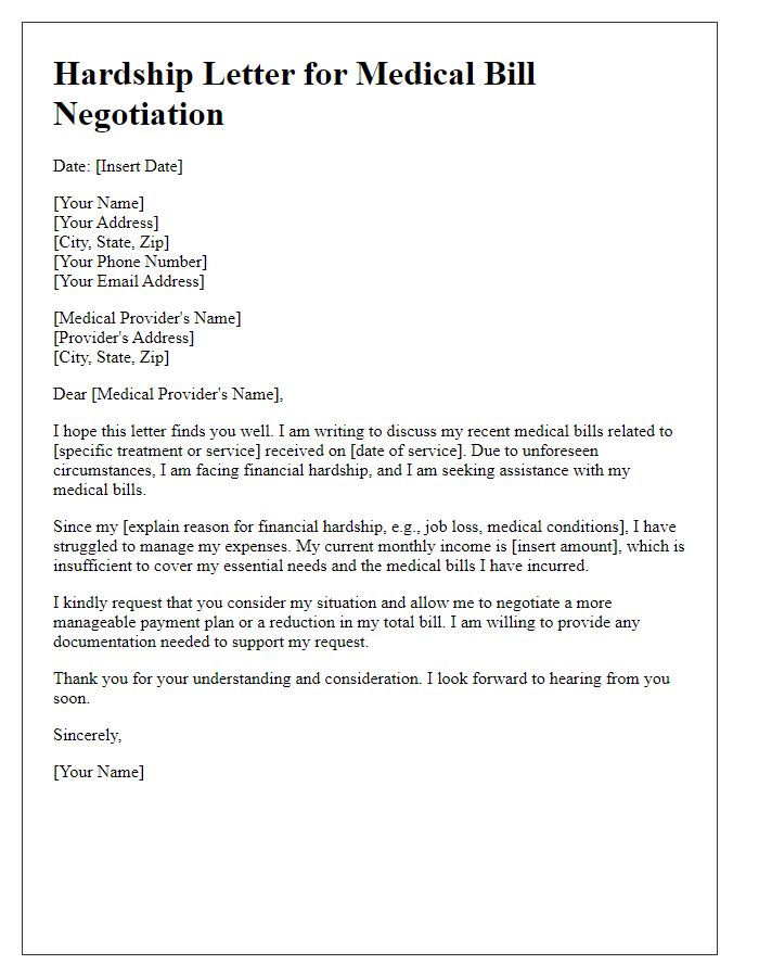 Letter template of hardship letter for medical bill negotiation.