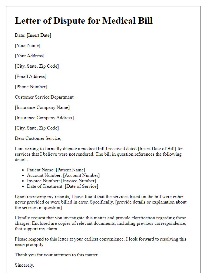 Letter template of medical bill dispute for services not rendered.