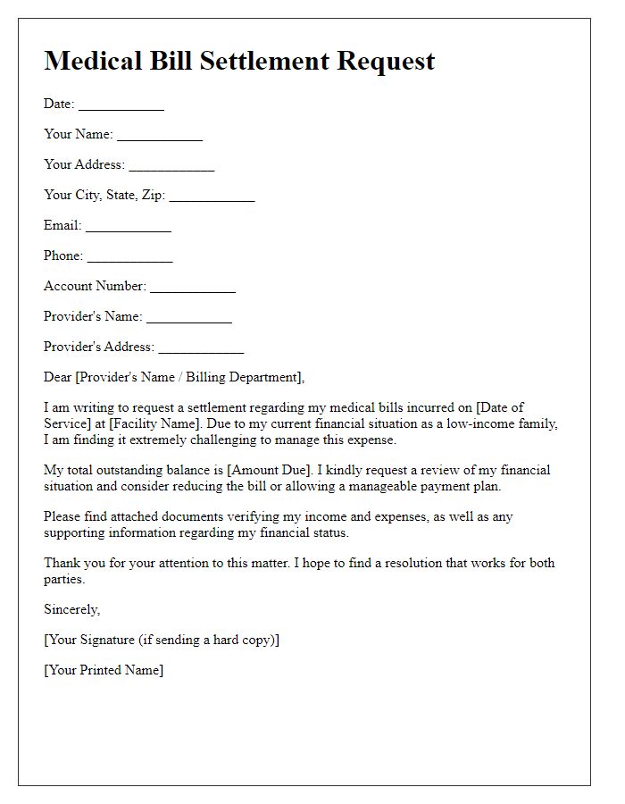 Letter template of medical bill settlement request for low-income families.