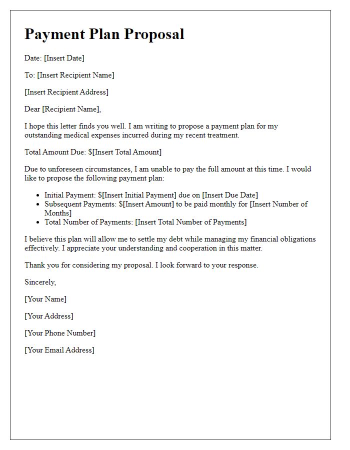 Letter template of payment plan proposal for high medical expenses.