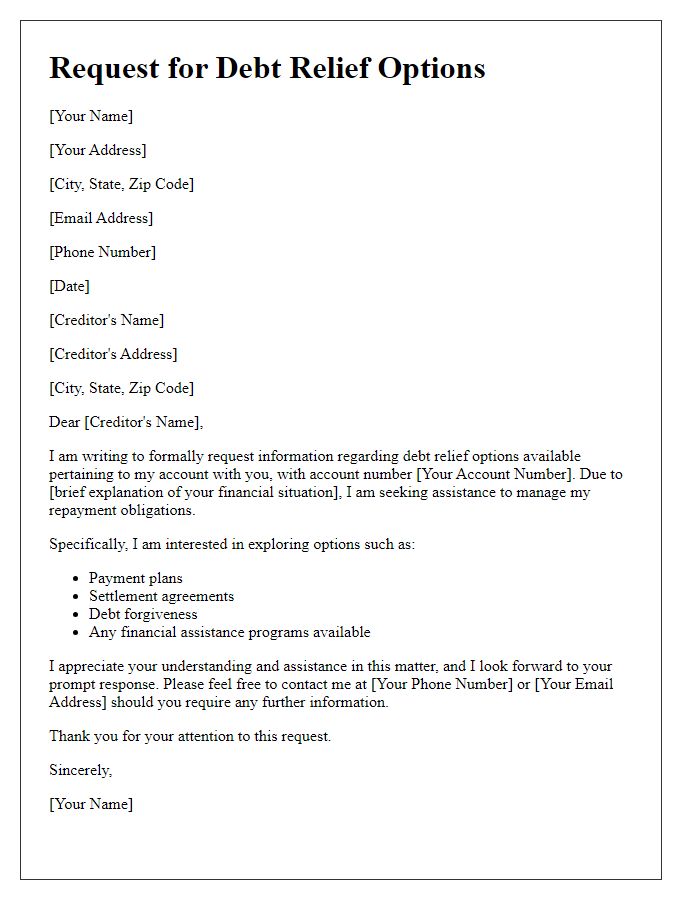 Letter template of agreement request for debt relief options.