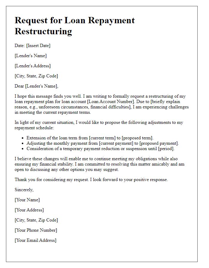 Letter template of negotiation request for loan repayment restructuring.