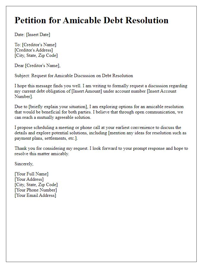 Letter template of petition for amicable debt resolution discussions.