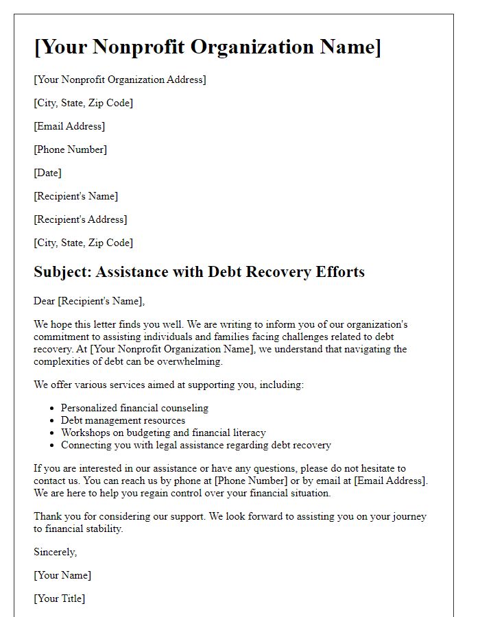 Letter template of nonprofit assistance in debt recovery efforts.