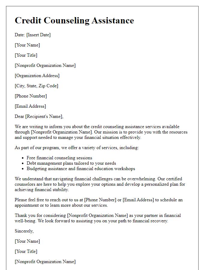 Letter template of nonprofit credit counseling assistance.