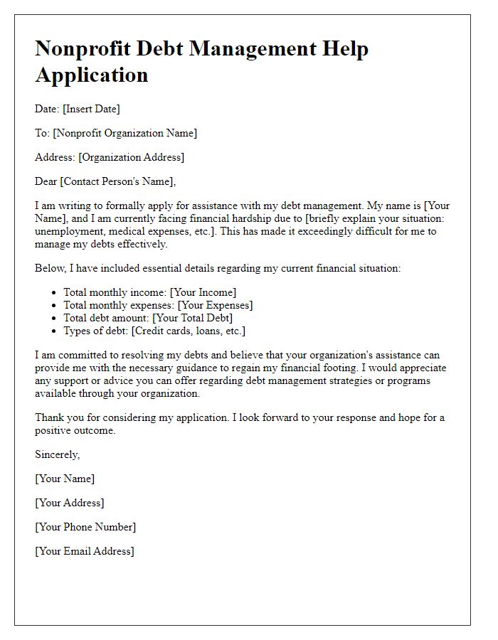 Letter template of nonprofit debt management help application.