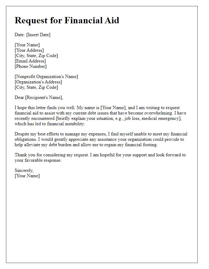 Letter template of nonprofit financial aid for debt issues.