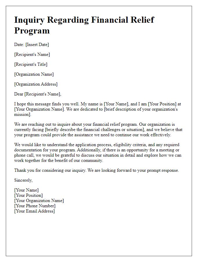 Letter template of nonprofit financial relief program inquiry.