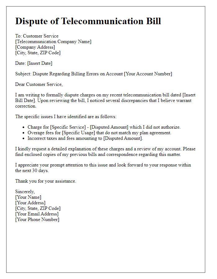 Letter template of telecommunication bill dispute based on billing errors.